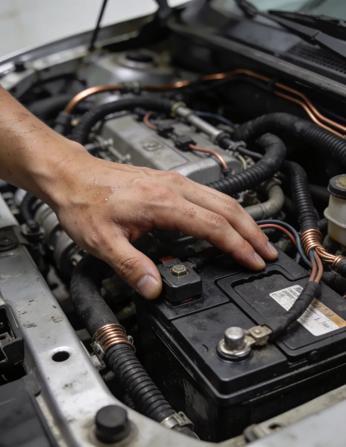 Técnico da ASM Baterias instalando bateria automotiva no carro do cliente